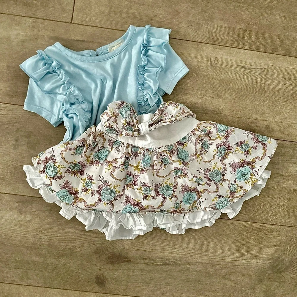 Baby Girl 12 M Ruffle Floral Twirl Tiered Skirt & Matching Ruffle Shirt Set